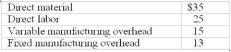 Use the following to answer questions: Simmons Company's records show the following costs for Division X's output:     The units typically are transferred from Division X to Division Y, although they may be sold externally at $98 per unit.. Beginning and ending inventories are equal to zero. -What would be the transfer price if variable cost is used? A)  $98 B)  $ 88 C)  $ 75 D)  $ 60