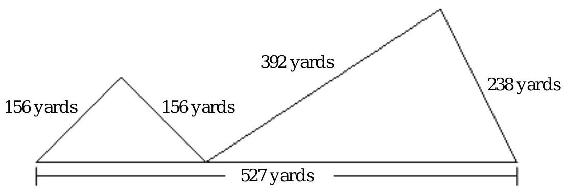 Find the perimeter of the figure. -  A)  1231 yards B)  1313yards C)  1233 yards D)  1469 yards
