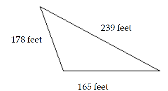  Find the perimeter of the figure. -Joe wants to frame his garden with pine lumber. How many feet of lumber will he need?   A)   417 \mathrm{ft}  B)   572 \mathrm{ft}  C)   582 \mathrm{ft}  D)   39,852 \mathrm{ft}