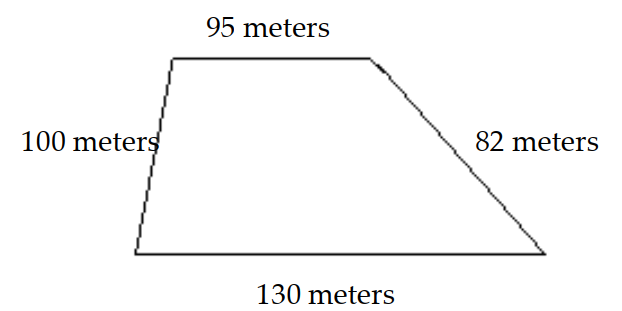  Find the perimeter of the figure. -Maria needs to replace all the fencing around her horse pasture. How many meters of fencing will she need?   A)   364 \mathrm{~m}  B)   312 \mathrm{~m}  C)   354 \mathrm{~m}  D)   407 \mathrm{~m}