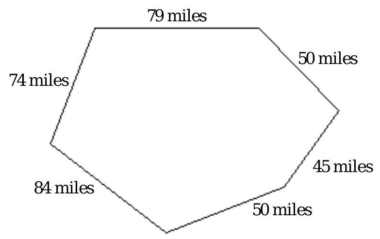  Find the perimeter of the figure. -The local park district acquired lands to be used for a new dog park. How many miles of fencing are needed to enclose the dog park?   A)   402 \mathrm{mi}  B)   382 \mathrm{mi}  C)   461 \mathrm{mi}  D)   308 \mathrm{mi}