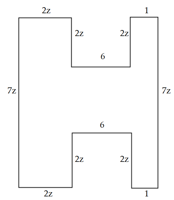  Solve the problem. -Find a polynomial for the perimeter of the figure.   A)   26 z+14  B)   26 z+7  C)   40 \mathrm{z}  D)   22 z+14