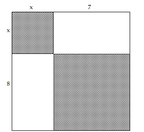  Write an algebraic expression that represents the total area of the four smaller rectangles. -  A)   x^{2}+15 x+56  B)   x^{2}+16 x+64  C)   x^{2}+14 x+49  D)   x^{2}-15 x+56
