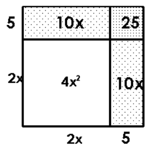  Draw and label rectangles to illustrate the given product. - (2 x+5) (2 x+5)   A)    B)    C)    D)    