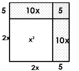  Draw and label rectangles to illustrate the given product. - (2 x+5) (2 x+5)   A)    B)    C)    D)    