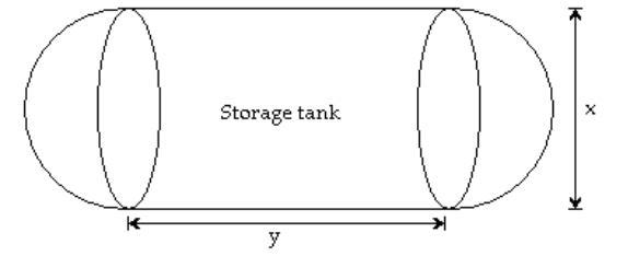  Solve the problem. -Liquid propane fuel is frequently stored in tanks that are shaped like the one shown in the figure below. The volume  \mathrm{V}  of the tank can be computed using the formula  \mathrm{V}=\frac{4}{3} \pi\left(\frac{\mathrm{x}}{2}\right) ^{3}+\pi y\left(\frac{\mathrm{x}}{2}\right) ^{2} . If  \mathrm{x}=   3.4 \mathrm{ft}  and  \mathrm{y}=5.8 \mathrm{ft} , calculate the volume of the tank. Use the approximation  \pi \approx 3.14 .   A)   73 \mathrm{ft}^{3}  B)   135 \mathrm{ft}^{3}  C)   30 \mathrm{ft}^{3}  D)   37 \mathrm{ft}^{3}