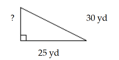  Solve the problem. -The diagram below shows a rope connecting the top of a pole to the ground. The rope is 30 yd long and touches the ground 25 yd from the pole. How tall is the pole? Round approximations to the nearest tenth.   A)   27.5 \mathrm{yd}  B)   137.5 \mathrm{yd}  C)   8.3 \mathrm{yd}  D)  16.6 yd 
