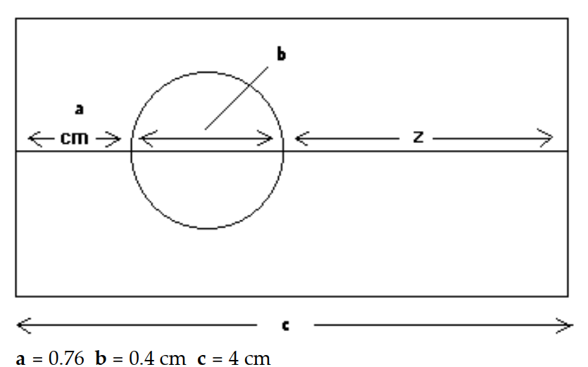  Find the missing measurement in the figure below.   A)   \mathrm{z}=3.24 \mathrm{~cm}  B)   \mathrm{z}=4.36 \mathrm{~cm}  C)   \mathrm{z}=2.84 \mathrm{~cm}  D)   z=3.64 \mathrm{~cm}