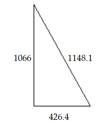  In this right triangle, find the ratios of shortest length to longest length and of longest length to shortest length.   A)   \frac{1148.1}{1066} ; \frac{1066}{1148.1}  B)   \frac{426.4}{1148.1} ; \frac{1148.1}{426.4}  C)   \frac{1148.1}{426.4} ; \frac{426.4}{1148.1}  D)   \frac{1066}{1148.1} ; \frac{1148.1}{1066}