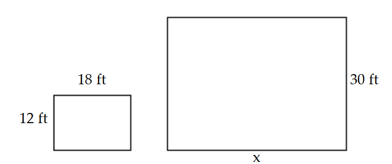  Use a proportion to solve the problem. -In the rectangles below, the ratio of length to width is the same. Find the length of the larger rectangle.   A)   39 \mathrm{ft}  B)   48 \mathrm{ft}  C)   45 \mathrm{ft}  D)   42 \mathrm{ft}
