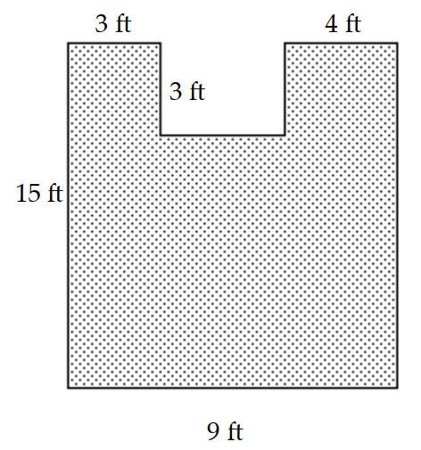  Find the area of the shaded region. -  A)   126 \mathrm{ft}^{2}  B)   123 \mathrm{ft}^{2}  C)   129 \mathrm{ft}^{2}  D)   45 \mathrm{ft}^{2}