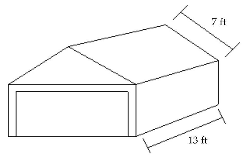  Solve the problem. -Find the total area of the roof of the garage.   A)   40 \mathrm{ft}^{2}  B)   182 \mathrm{ft}^{2}  C)   273 \mathrm{ft}^{2}  D)   91 \mathrm{ft}^{2}
