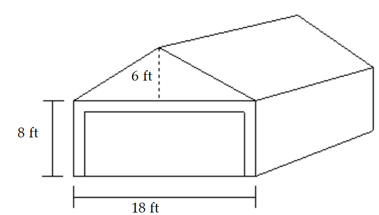  Solve the problem. -Find the total area of the ends of the garage.   A)   198 \mathrm{ft}^{2}  B)   504 \mathrm{ft}^{2}  C)   336 \mathrm{ft}^{2}  D)   396 \mathrm{ft}^{2}