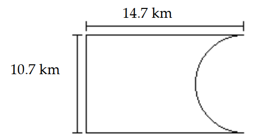  Find the perimeter. Use 3.14 for  \pi . -  A)   73.698 \mathrm{~km}  B)   140.491 \mathrm{~km}  C)   169.932 \mathrm{~km}  D)   56.899 \mathrm{~km}