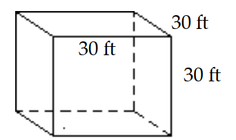  Find the volume. -  A)   1800 \mathrm{ft}^{3}  B)   27,000 \mathrm{ft}^{3}  C)   90 \mathrm{ft}^{3}  D)   900 \mathrm{ft}^{3}