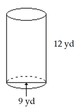  Find the volume of the circular cylinder. Use 3.14 or  \frac{22}{7}  for  \pi  as indicated. -Use 3.14 for  \pi .   A)   339.12 \mathrm{yd}^{3}  B)   763.02 \mathrm{yd}^{3}  C)   4069.44 \mathrm{yd}^{3}  D)   169.56 \mathrm{yd}^{3}