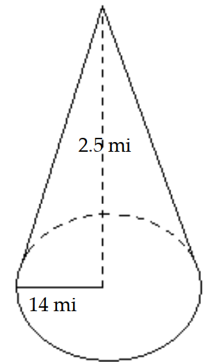  Find the volume of the circular cone. Use 3.14 or  \frac{22}{7}  for  \pi  as indicated and round as indicated. -Use 3.14 for  \pi . Round to the nearest hundredth.   A)   1538.6 \mathrm{mi}^{3}  B)   36.63 \mathrm{mi}^{3}  C)   2051.47 \mathrm{mi}^{3}  D)   512.87 \mathrm{mi}^{3}