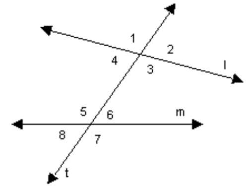  Identify the specified angles. -Identify all pairs of alternate interior angles.   A)   \angle 4  and  \angle 5, \angle 3  and  \angle 6  B)   \angle 4  and  \angle 6, \angle 3  and  \angle 5  C)   \angle 1  and  \angle 7, \angle 2  and  \angle 8  D)   \angle 1  and  \angle 5, \angle 2  and  \angle 6, \angle 4  and  \angle 8, \angle 3  and  \angle 7