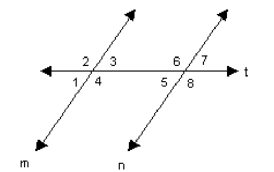  Use the properties of parallel lines to solve the problem. -If  \mathrm{m} \| \mathrm{n}  and  \mathrm{m} \angle 6=128^{\circ} , what are the measures of the other angles?   A)   \mathrm{m} \angle 2=\mathrm{m} \angle 4=\mathrm{m} \angle 8=128^{\circ}, \mathrm{m} \angle 1=\mathrm{m} \angle 3=\mathrm{m} \angle 5=\mathrm{m} \angle 7=52^{\circ}  B)   \mathrm{m} \angle 2=\mathrm{m} \angle 4=\mathrm{m} \angle 8=128^{\circ}, \mathrm{m} \angle 1=\mathrm{m} \angle 3=\mathrm{m} \angle 5=\mathrm{m} \angle 7=62^{\circ}  C)   \mathrm{m} \angle 5=\mathrm{m} \angle 7=\mathrm{m} \angle 8=128^{\circ}, \mathrm{m} \angle 1=\mathrm{m} \angle 2=\mathrm{m} \angle 3=\mathrm{m} \angle 4=52^{\circ}  D)   \mathrm{m} \angle 2=\mathrm{m} \angle 4=\mathrm{m} \angle 8=128^{\circ}, \mathrm{m} \angle 1=\mathrm{m} \angle 3=\mathrm{m} \angle 5=\mathrm{m} \angle 7=38^{\circ}