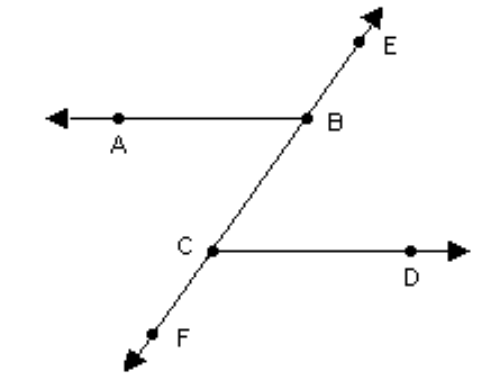  Use the properties of parallel lines to solve the problem. -In the figure,  \overline{\mathrm{AB}} \| \overline{\mathrm{CD}} . Identify all pairs of congruent angles.   A)   \angle \mathrm{ABE}  and  \angle \mathrm{ABC}, \angle \mathrm{FCD}  and  \angle \mathrm{BCD}  B)   \angle \mathrm{ABE}  and  \angle \mathrm{FCD}  C)   \angle \mathrm{ABE}  and  \angle \mathrm{FCD}, \angle \mathrm{ABC}  and  \angle \mathrm{BCD}  D)   \angle A B C  and  \angle F C D ,  \angle A B E  and  \angle B C D , 