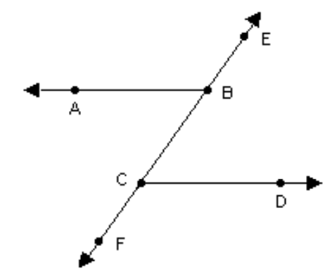  Use the properties of parallel lines to solve the problem. -In the figure,  \overline{\mathrm{AB}} \| \overline{\mathrm{CD}} . \mathrm{m} \angle \mathrm{ABC}=57^{\circ} . Find the measures of angles  \angle \mathrm{ABE}, \angle \mathrm{FCD} , and  \angle \mathrm{BCD} .   A)   \mathrm{m} \angle \mathrm{BCD}=\mathrm{m} \angle \mathrm{ABE}=57^{\circ}, \mathrm{m} \angle \mathrm{FCD}=123^{\circ}  B)   \mathrm{m} \angle \mathrm{BCD}=57^{\circ}, \mathrm{m} \angle \mathrm{ABE}=\mathrm{m} \angle \mathrm{FCD}=33^{\circ}  C)   \mathrm{m} \angle \mathrm{BCD}=\mathrm{m} \angle \mathrm{ABE}=\mathrm{m} \angle \mathrm{FCD}=33^{\circ}  D)   \mathrm{m} \angle \mathrm{BCD}=57^{\circ}, \mathrm{m} \angle \mathrm{ABE}=\mathrm{m} \angle \mathrm{FCD}=123^{\circ}