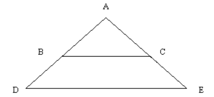  Use the properties of parallel lines to solve the problem. -In the figure,  \overline{\mathrm{BC}} \| \overline{\mathrm{DE}} . \mathrm{m} \angle \mathrm{ABC}=45^{\circ} . Given this information, find the measures of as many other angles as possible.   A)   \mathrm{m} \angle \mathrm{ADE}=45^{\circ}, \mathrm{m} \angle \mathrm{DBC}=\mathrm{m} \angle \mathrm{ECB}=135^{\circ}  B)   \mathrm{m} \angle \mathrm{ADE}=\mathrm{m} \angle \mathrm{ACB}=\mathrm{m} \angle \mathrm{AED}=45^{\circ}, \mathrm{m} \angle \mathrm{DBC}=\mathrm{m} \angle \mathrm{ECB}=135^{\circ}  C)   \mathrm{m} \angle \mathrm{ADE}=45^{\circ}, \mathrm{m} \angle \mathrm{DBC}=135^{\circ}  D)   \mathrm{m} \angle \mathrm{ADE}=\mathrm{m} \angle \mathrm{ACB}=\mathrm{m} \angle \mathrm{AED}=45^{\circ}