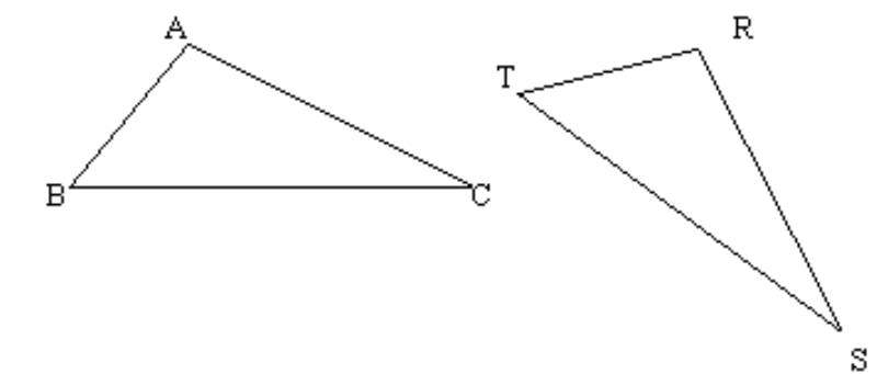The triangles are congruent. Find the angle or side in the other triangle that corresponds to the given angle or side. -AC   A)  Cannot be determined B)  RS C)  RT D)  ST