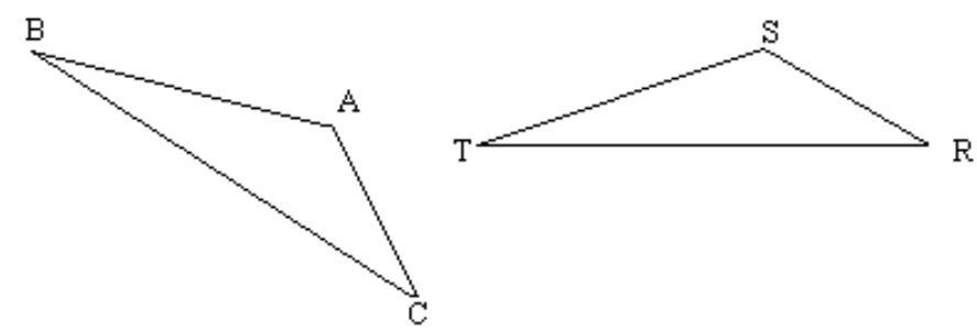  The triangles are congruent. Find the angle or side in the other triangle that corresponds to the given angle or side. -BA   A)  Cannot be determined B)  TS C)   \mathrm{SR}  D)  TR 