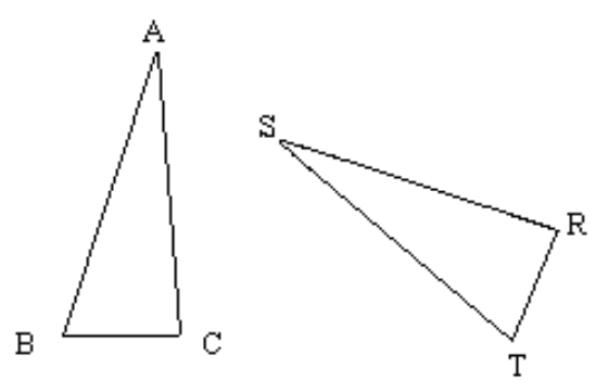  The triangles are congruent. Find the angle or side in the other triangle that corresponds to the given angle or side. -AC   A)   \mathrm{SR}  B)  RT C)  Cannot be determined D)   \mathrm{ST}