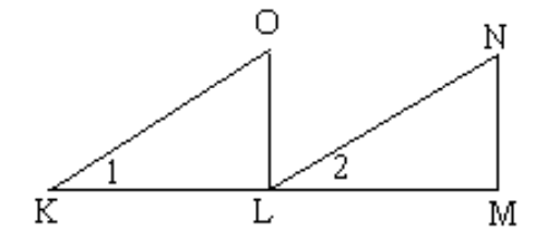  Explain why the indicated triangles are congruent. - \mathrm{L}  is the midpoint of  \overline{\mathrm{KM}} .  \bar{\measuredangle} \cong \not 2 .  \overline{\mathrm{OL}} \perp \overline{\mathrm{KM}}  and  \overline{\mathrm{NM}} \perp \overline{\mathrm{KM}} . Explain why  \triangle{K O L} \cong \triangle N M .    
