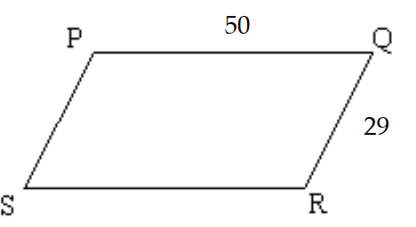  Find the measures of the indicated sides, angles, or diagonals of the given parallelogram. -Two side lengths of a parallelogram are given. Find the lengths of the other sides of the parallelogram.   A)   \mathrm{PS}=50, \mathrm{SR}=50  B)   \mathrm{PS}=29, \mathrm{SR}=50  C)   \mathrm{PS}=29, \mathrm{SR}=29  D)   \mathrm{PS}=50, \mathrm{SR}=29