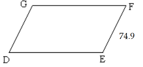  Find the measures of the indicated sides, angles, or diagonals of the given parallelogram. -One side length of a parallelogram is given. The perimeter of  \triangle D E F G  is 419.4 . Find the lengths of the other sides of the parallelogram. Round your answers to one decimal place if necessary.   A)   \mathrm{DG}=74.9, \mathrm{GF}=\mathrm{DE}=5.6  B)   \mathrm{DG}=74.9, \mathrm{GF}=\mathrm{DE}=134.8  C)   \mathrm{DG}=74.9, \mathrm{GF}=\mathrm{DE}=149.8  D)   \mathrm{DG}=74.9, \mathrm{GF}=\mathrm{DE}=344.5