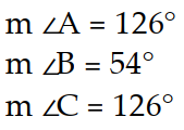  Find the measures of the indicated sides, angles, or diagonals of the given parallelogram. -Find  m \angle A, m \angle B , and  m \angle C .   A)     B)     C)    D)    