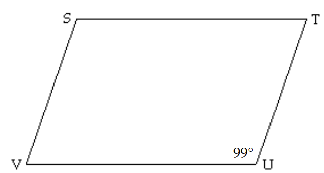  Find the measures of the indicated sides, angles, or diagonals of the given parallelogram. -Find  m \angle S, m \angle T, m \angle V .   A)     B)     C)     D)    