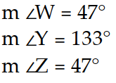  Find the measures of the indicated sides, angles, or diagonals of the given parallelogram. -Find  \mathrm{m} \angle \mathrm{W}, \mathrm{m} \angle \mathrm{Y}, \mathrm{m} \angle \mathrm{Z} .   A)     B)    C)     D)    