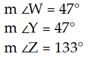  Find the measures of the indicated sides, angles, or diagonals of the given parallelogram. -Find  \mathrm{m} \angle \mathrm{W}, \mathrm{m} \angle \mathrm{Y}, \mathrm{m} \angle \mathrm{Z} .   A)     B)    C)     D)    