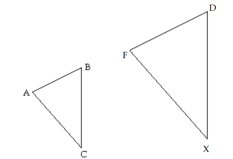 Provide an appropriate response. -For the pair of similar triangles, name the corresponding sides and angles. A) \angle \mathrm{A} \leftrightarrow \mathrm{D}, \angle \mathrm{B} \leftrightarrow \mathrm{F}, \angle \mathrm{C} \leftrightarrow \mathrm{X} ; \overline{\mathrm{AB}} \leftrightarrow \overline{\mathrm{FD}}, \overline{\mathrm{AC}} \leftrightarrow \overline{\mathrm{DX}}, \overline{\mathrm{BC}} \leftarrow \overline{\mathrm{FX}} B) \angle \mathrm{A} \leftrightarrow \mathrm{F}, \angle \mathrm{B} \leftrightarrow \mathrm{D}, \angle \mathrm{C} \leftrightarrow \mathrm{X} ; \overline{\mathrm{AB}} \leftrightarrow \overline{\mathrm{FD}}, \overline{\mathrm{AC}} \leftrightarrow \overline{\mathrm{FX}}, \overline{\mathrm{BC}} \leftrightarrow \overline{\mathrm{DX}} C) \angle \mathrm{A} \leftrightarrow \mathrm{X}, \angle \mathrm{B} \leftrightarrow \mathrm{D}, \angle \mathrm{C} \leftrightarrow \mathrm{F} ; \overline{\mathrm{AB}} \leftrightarrow \overline{\mathrm{DX}}, \overline{\mathrm{AC}} \leftrightarrow \overline{\mathrm{FX}}, \overline{\mathrm{BC}} \leftarrow \overline{\mathrm{FD}}