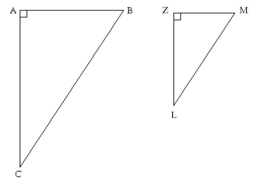 Provide an appropriate response. -For the pair of similar triangles, name the corresponding sides and angles. A) \angle \mathrm{A} \leftrightarrow \mathrm{Z}, \angle \mathrm{B} \leftrightarrow \mathrm{M}, \angle \mathrm{C} \leftrightarrow \mathrm{L} ; \overline{\mathrm{AB}} \leftrightarrow \overline{\mathrm{ZM}}, \overline{\mathrm{AC}} \leftrightarrow \overline{\mathrm{ZL}}, \overline{\mathrm{BC}} \leftrightarrow \overline{\mathrm{ML}} B) \angle \mathrm{A} \leftrightarrow \mathrm{Z}, \angle \mathrm{B} \leftrightarrow \mathrm{L}, \angle \mathrm{C} \leftrightarrow \mathrm{M} ; \overline{\mathrm{AB}} \leftrightarrow \overline{\mathrm{ZL}}, \overline{\mathrm{AC}} \leftrightarrow \overline{\mathrm{ZM}}, \overline{\mathrm{BC}} \leftrightarrow \overline{\mathrm{ML}} C) \angle \mathrm{A} \leftrightarrow \mathrm{L}, \angle \mathrm{B} \leftrightarrow \mathrm{M}, \angle \mathrm{C} \leftrightarrow Z ; \overline{\mathrm{AB}} \leftrightarrow \overline{\mathrm{ML}}, \overline{\mathrm{AC}} \leftrightarrow \overline{\mathrm{ZL}}, \overline{\mathrm{BC}} \leftarrow \overline{\mathrm{ZM}} D) \angle \mathrm{A} \leftrightarrow \mathrm{M}, \angle \mathrm{B} \leftrightarrow \mathrm{Z}, \angle \mathrm{C} \leftrightarrow \mathrm{L} ; \overline{\mathrm{AB}} \leftrightarrow \overline{\mathrm{ZM}}, \overline{\mathrm{AC}} \leftrightarrow \overline{\mathrm{ML}}, \overline{\mathrm{BC}} \leftrightarrow \overline{\mathrm{ZL}}
