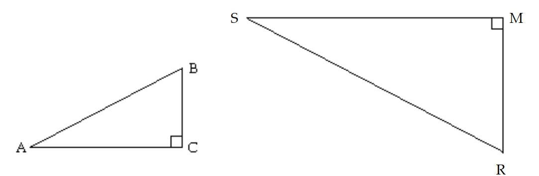 Provide an appropriate response. -Name the proportional sides in these similar triangles.   A)   \frac{\mathrm{AB}}{\mathrm{SR}}=\frac{\mathrm{AC}}{\mathrm{RM}}=\frac{\mathrm{BC}}{\mathrm{SM}}  B)   \frac{\mathrm{AB}}{\mathrm{SR}}=\frac{\mathrm{AC}}{\mathrm{SM}}=\frac{\mathrm{BC}}{\mathrm{RM}}  C)   \frac{\mathrm{AB}}{\mathrm{SM}}=\frac{\mathrm{AC}}{\mathrm{SR}}=\frac{\mathrm{BC}}{\mathrm{RM}}  D)   \frac{\mathrm{AB}}{\mathrm{SM}}=\frac{\mathrm{AC}}{\mathrm{RM}}=\frac{\mathrm{BC}}{\mathrm{SR}}