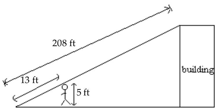  Solve the problem. -Find the height of the building. Assume that the height of the person is  5 \mathrm{ft} .   A)   540.8 \mathrm{ft}  B)   112 \mathrm{ft}  C)   41.6 \mathrm{ft}  D)   80 \mathrm{ft}