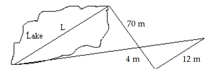  Solve the problem. -Find the length,  L , of the lake. Assume that the two triangles are similar.   A)   350 \mathrm{~m}  B)   23.3 \mathrm{~m}  C)   210 \mathrm{~m}  D)   4900 \mathrm{~m}