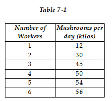   Table 7-1 shows the technology of production at the Mostafa's Mushroom Farm for the month of May 2007. -Refer to Table 7 -1. What is the marginal product of the fourth worker? A)  5 kilos B)  12.5 kilos C)  137 kilos D)  50 kilos