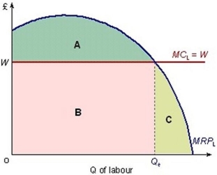 The following diagram shows a firm operating in a perfectly competitive labour market.   Which area(s)  represent the wage bill to the firm? A)  Area C B)  Area A C)  Area B D)  Areas A + B
