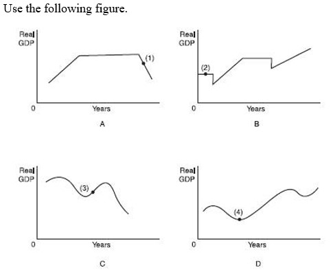   -Which of these figures best illustrates the behavior of real GDP in the U.S. economy over the last few decades? A)  A. B)  B. C)  C. D)  D.