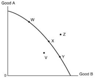 Use the following figure.   -If the economy represented in the production possibilities figure moved from point Y to point X, it would experience: A)  economic growth. B)  an opportunity cost equal to the amount of good A it would give up. C)  an opportunity cost equal to the amount of good B it would give up. D)  no opportunity cost since it would continue to operate at full employment.