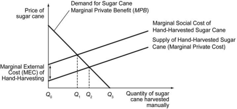 In Brazil, more than 60 percent of sugar cane grown is harvested by hand. In São Paulo state, nearly 300,000 workers are employed in sugar cane harvesting. Manual harvesting requires burning the cane fields prior to harvest to remove the caneʹs sharp leaves and drive snakes from the fields. Burning the cane fields, however, gives off large quantities of ammonia and nitrogen oxide, which lead to ozone creation. In São Paulo state, a layer of ash covers cars, and nitrogen oxide levels double during the harvest period. The nitrogen oxide produced from burning the cane fields can lead to acid rain and changes in water quality. -Refer to the scenario above. In the graph below, the socially optimal level of production occurs at which point?   A)  Q<sub>0</sub> B)  Q<sub>1</sub> C)  Q<sub>2</sub> D)  Q<sub>3</sub>