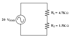 <strong>  Figure 8-2  -Calculate V<sub>R2</sub> in Figure 8-2.</strong> A) 4.84 V<sub>P </sub> B) 6.84 V<sub>P </sub> C) 6.84 V<sub>PP </sub> D) 13.15 V<sub>P </sub> <div style=padding-top: 35px> 
