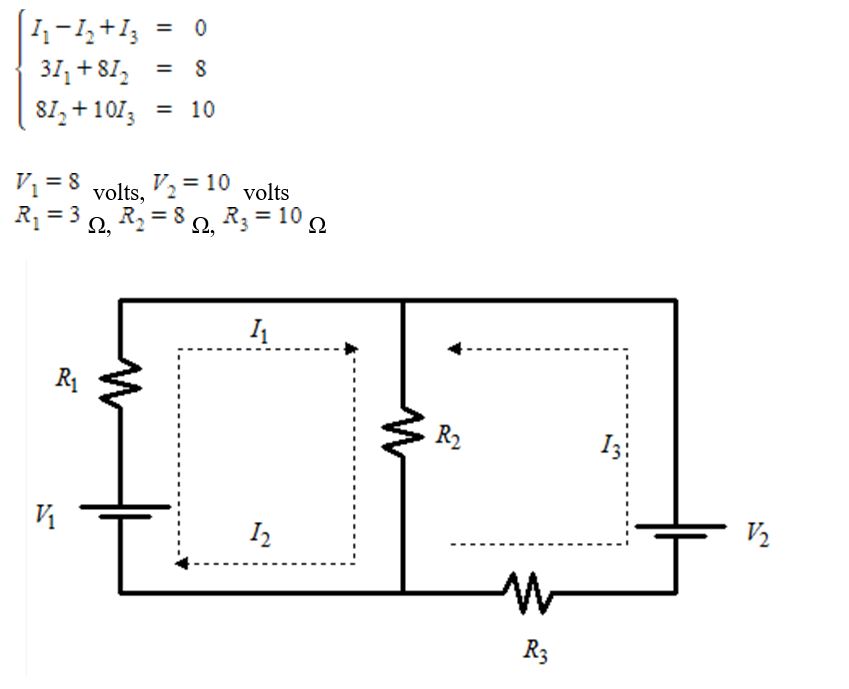 <strong>Applying Kirchhoff's Laws to the electrical network in the figure, the currents I<sub>1</sub>, I<sub>2</sub>, and I<sub>3</sub> are the solution of the system </strong> A) amperes; amperes; amperes B) amperes; amperes; amperes C) amperes; amperes; amperes D) amperes; amperes; amperes E) amperes; amperes; amperes