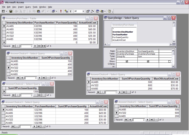 Given the Inventory-Purchase table, a query design, and five possible query results below, which of the query results represents the answer you would obtain if you applied the query design to the Inventory-Purchase table?   A)  Answer choice 1 B)  Answer choice 2 C)  Answer choice 3 D)  Answer choice 4 E)  Answer choice 5