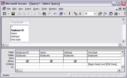 <strong>The following Query will produce </strong> A) All employees who have been hired B) Employees who have been hired and fired C) The query will not produce anything because the data requested is incomplete D) All employees who were hired within the range of dates the end user enters in prompt boxes provided by Access. E) The employees who were fired within 30 days of being hired.